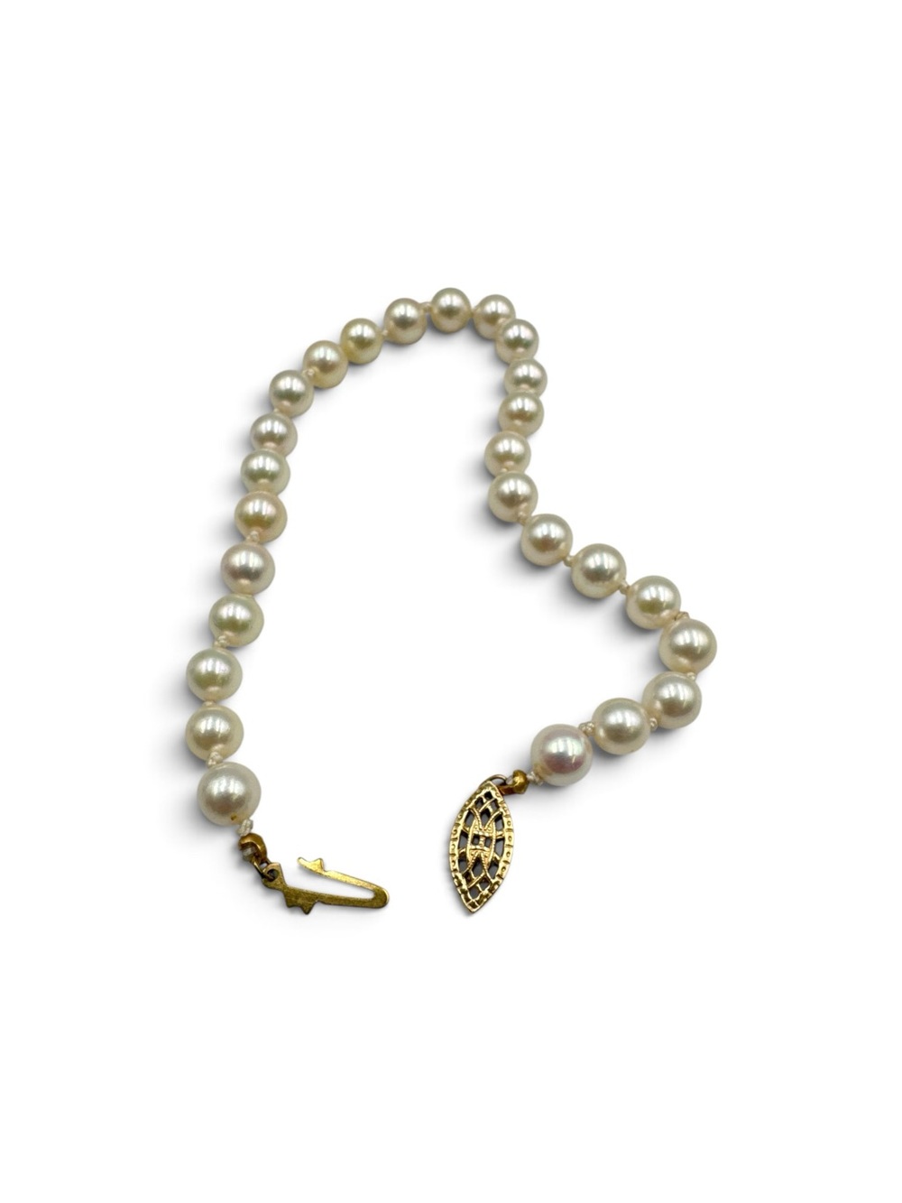 Vintage 1960s Cultured Akoya Pearl Bracelet 14K 1/20 Gold Filled Clasp 8” Knotte